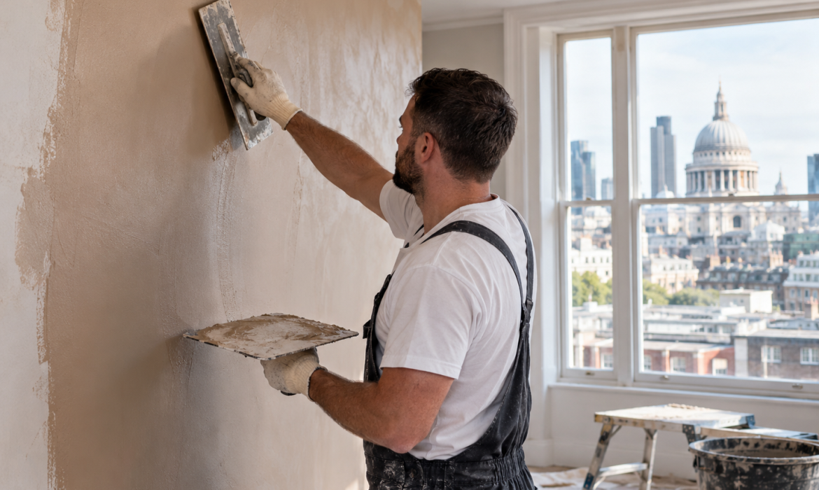 Professional plasterer applying smooth plaster to a wall during a Central London property renovation with the London skyline visible through the window.