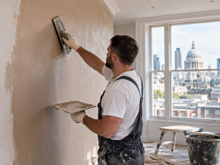 Professional plasterer applying smooth plaster to a wall during a Central London property renovation with the London skyline visible through the window.