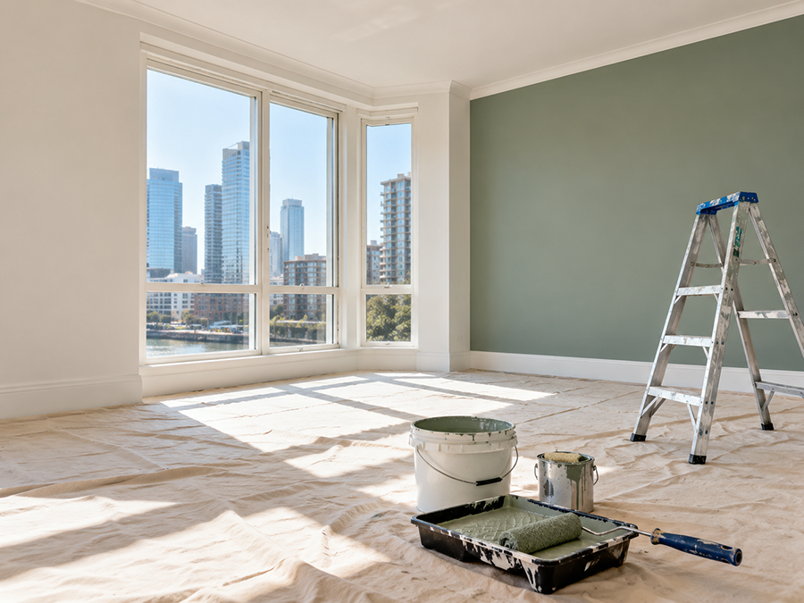 Freshly painted modern interior room in Canary Wharf with low-VOC wall finish, paint buckets, roller tray, ladder and painting equipment on protective floor covering