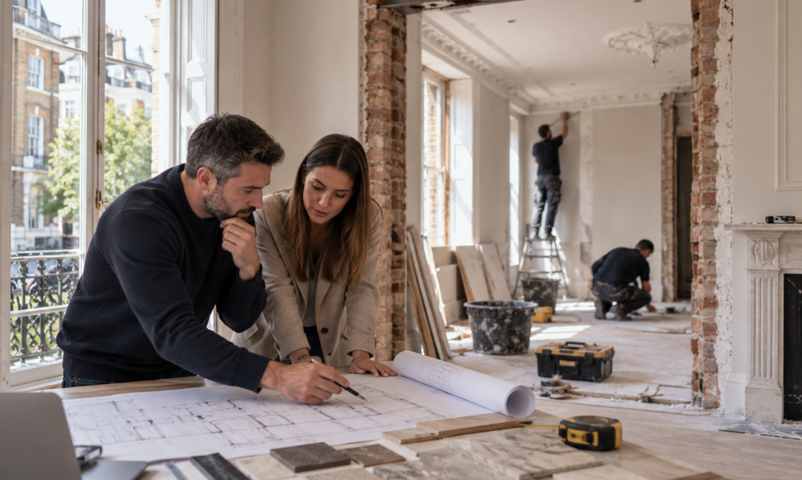 Homeowners reviewing renovation plans and material samples while tradespeople work in the background of a period property renovation in Knightsbridge.