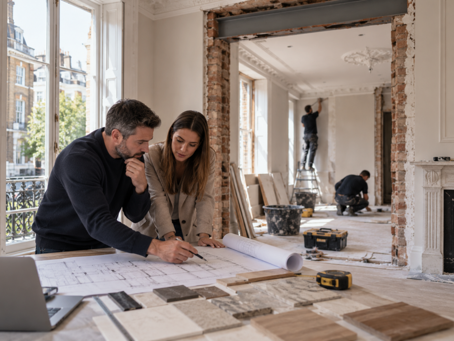 Homeowners reviewing renovation plans and material samples while tradespeople work in the background of a period property renovation in Knightsbridge.