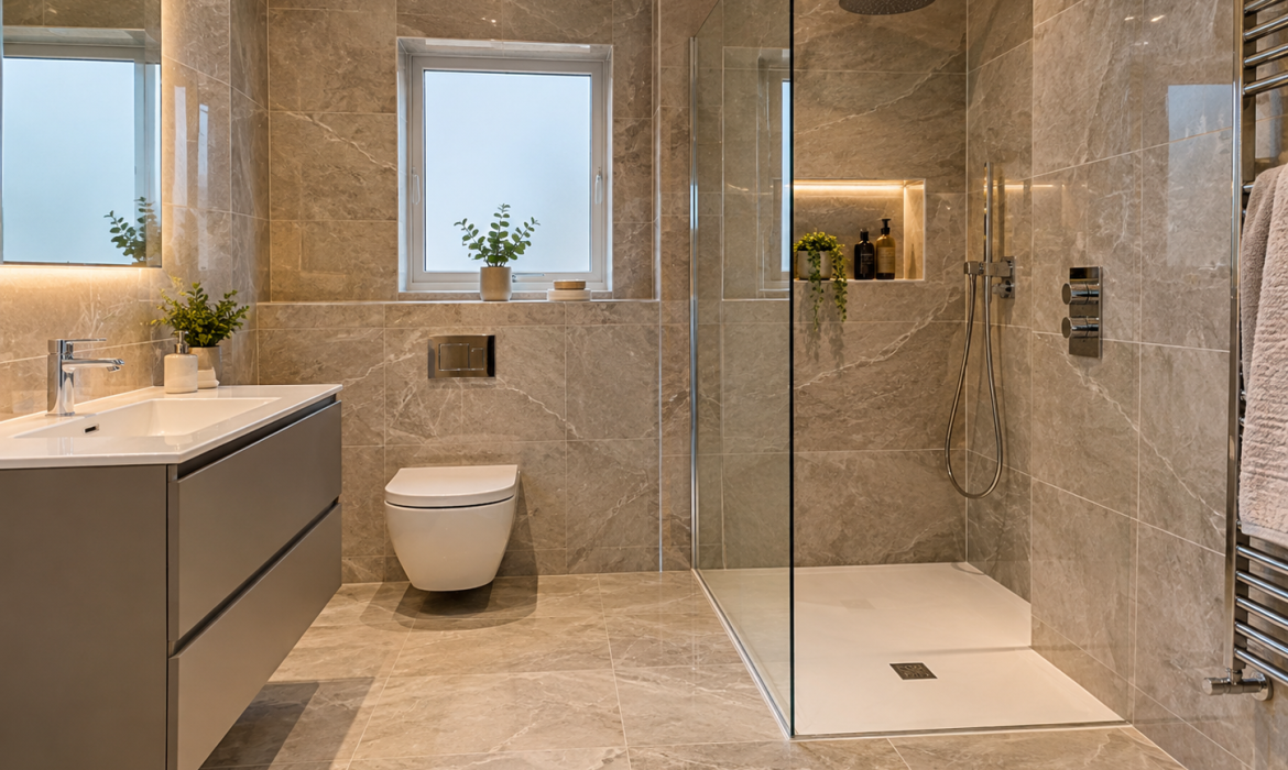Modern seamless bathroom tiling finish in London with large-format marble-effect wall and floor tiles glass shower and neatly aligned grout lines