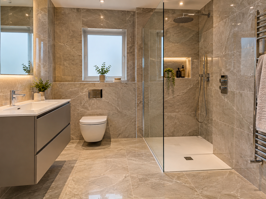 Modern seamless bathroom tiling finish in London with large-format marble-effect wall and floor tiles glass shower and neatly aligned grout lines