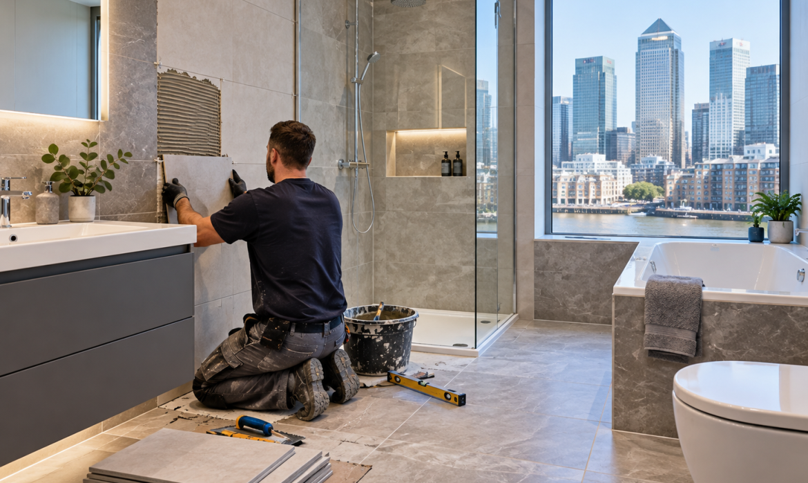 Professional tiler installing large-format bathroom wall tiles in a modern Canary Wharf bathroom with a shower, bathtub and London skyline view.