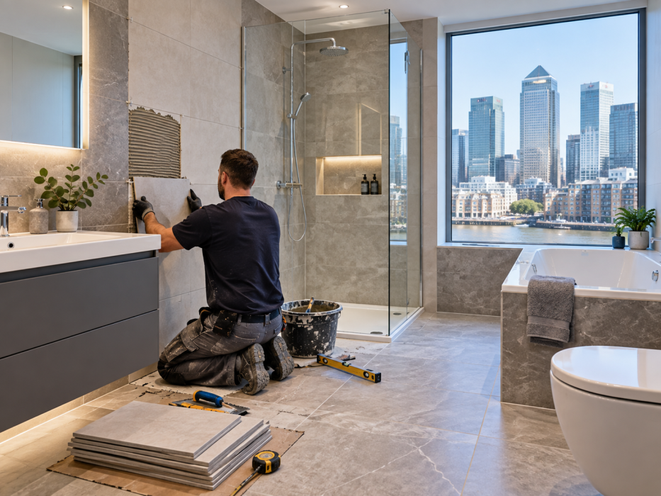 Professional tiler installing large-format bathroom wall tiles in a modern Canary Wharf bathroom with a shower, bathtub and London skyline view.