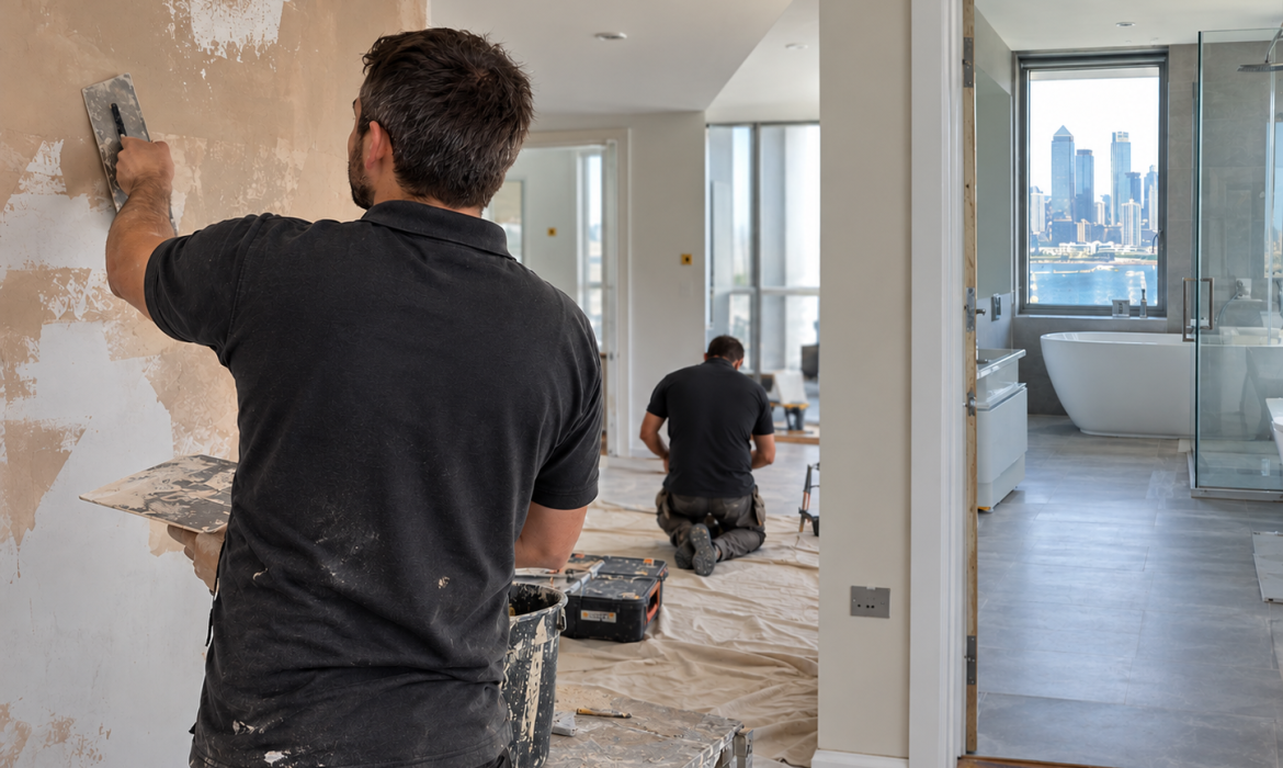 Professional plasterer smoothing a wall during a modern London home renovation with a renovated bathroom visible in the background.