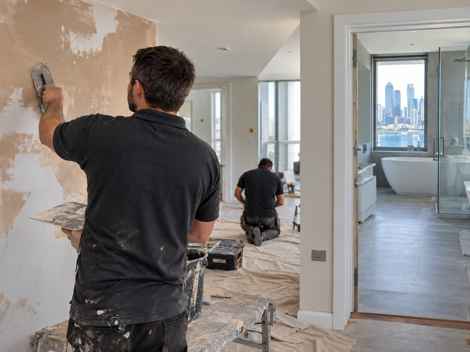 Professional plasterer smoothing a wall during a modern London home renovation with a renovated bathroom visible in the background.