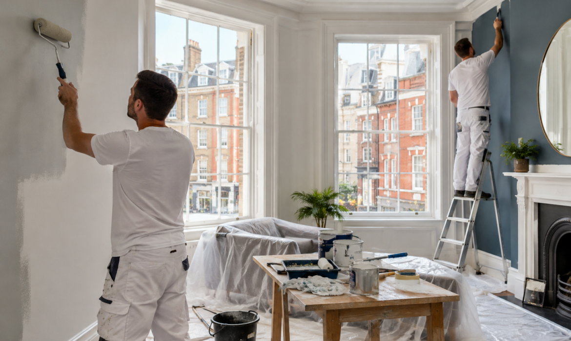 Professional painters refreshing a stylish Soho apartment with wall painting and decorating work near large sash windows.
