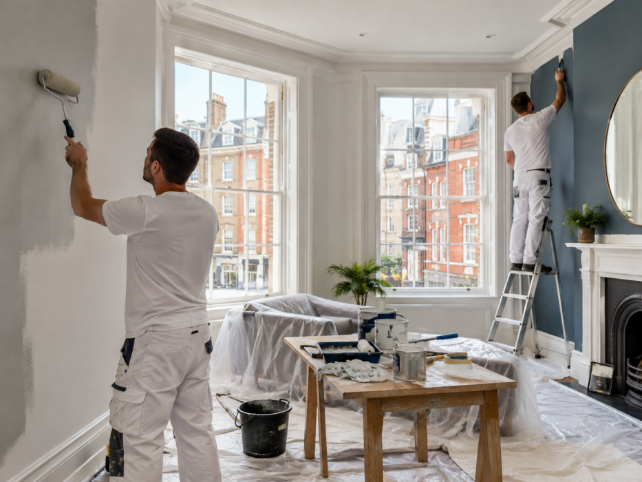 Professional painters refreshing a stylish Soho apartment with wall painting and decorating work near large sash windows.