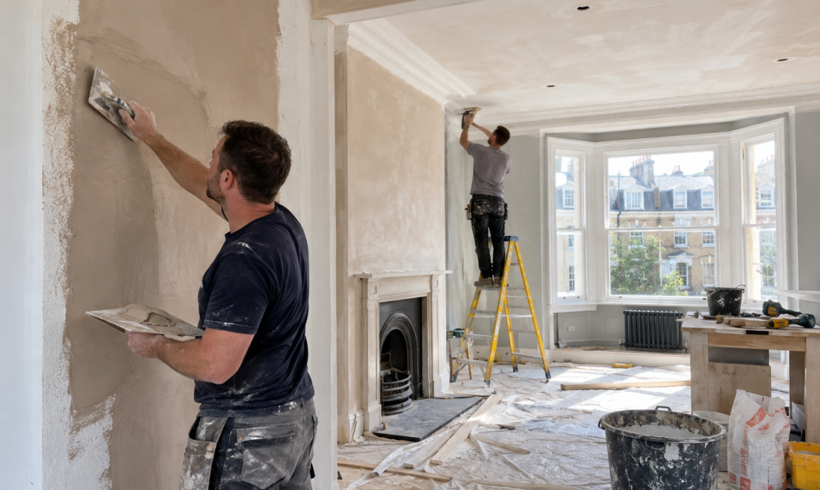 Professional plasterer renovating a West End home with fresh wall plaster while another worker completes ceiling renovation.