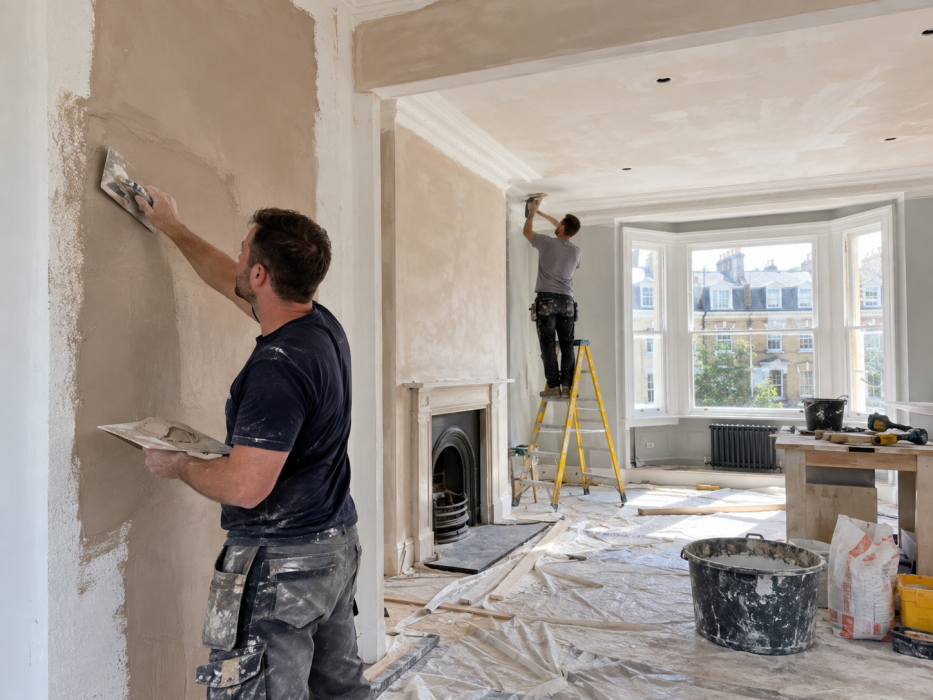 Professional plasterer renovating a West End home with fresh wall plaster while another worker completes ceiling renovation.